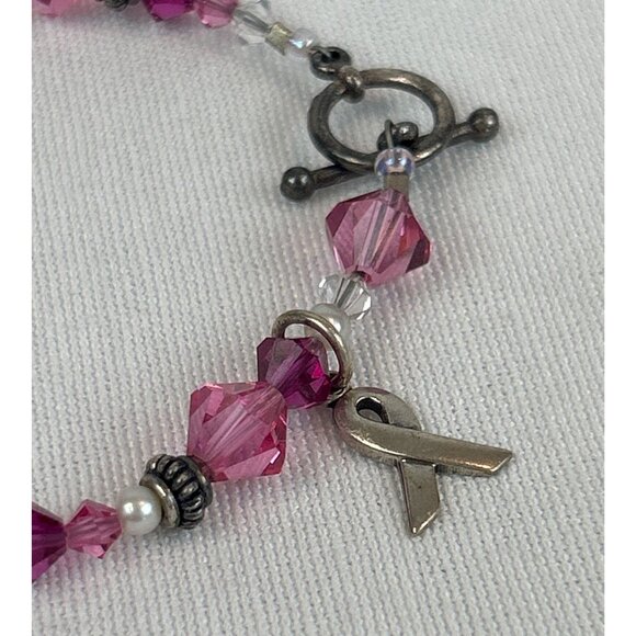 Vintage 925 Sterling Silver Pink Crystal Beaded Breast Cancer Bracelet - Picture 2 of 5